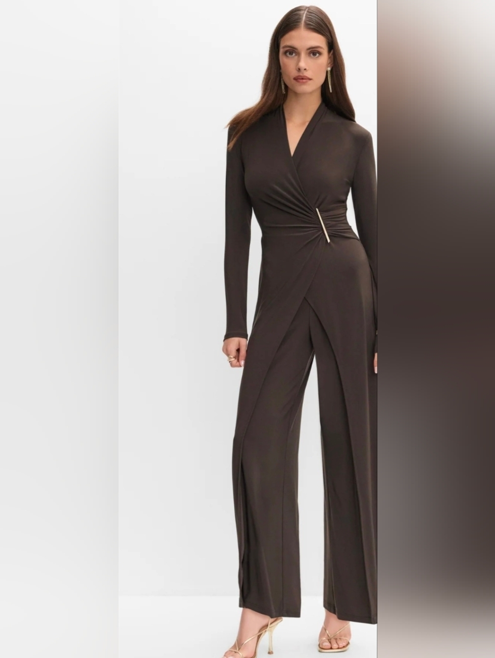 Joseph Ribkoff Dark Brown Long-Sleeve Wrap Jumpsuit with Gold Accent